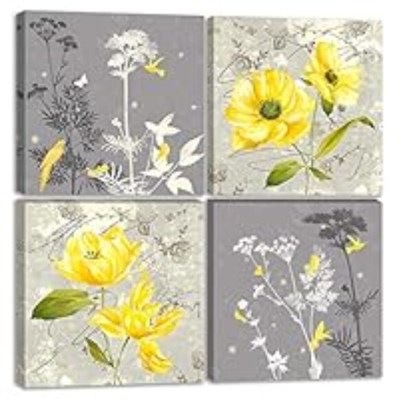 Yellow Flower Wall Art Yellow and Gray Grey Flowers Print Canvas - Picture 1 of 4